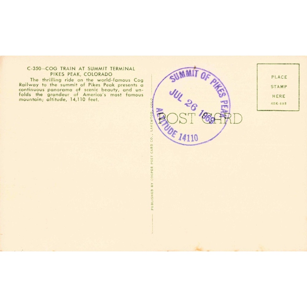 Vintage Pikes Peak Cog Train Summit Terminal Colorado Postcard 1969 Postmark - Picture 2 of 2